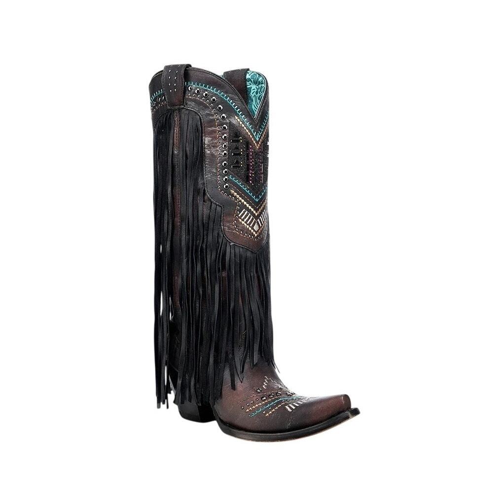 Corral C4078 Black Goat Leather Eagle Embroidered Fringe J Toe Cowboy Boots EUC